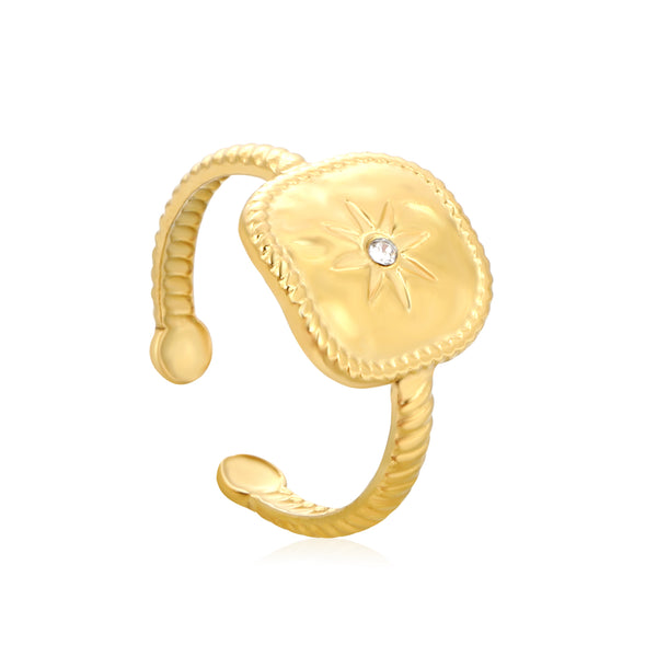 18K Gold Plated   Starburst Signet Adjustable Ring