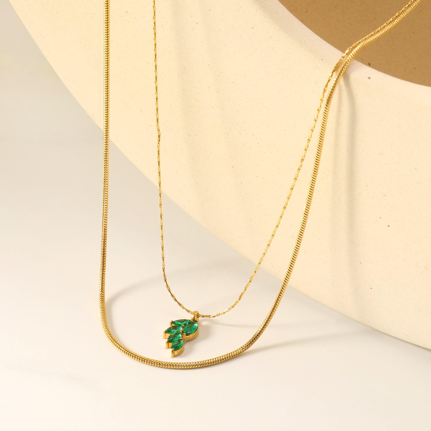 Layered Green Gemstone Leaf Cluster Necklace