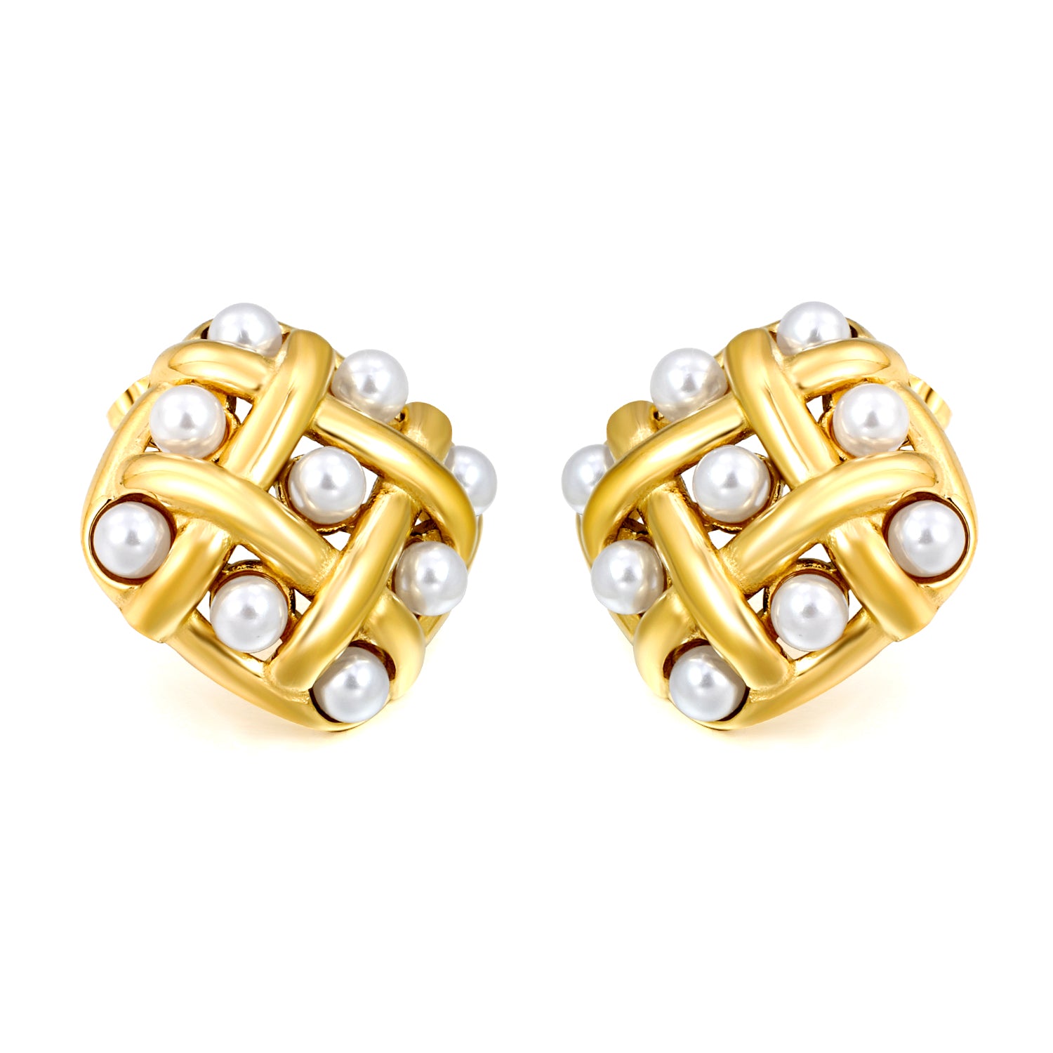 Woven Gold & Pearl Lattice Stud Earrings