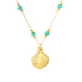 18k gold plated necklace with shell pendant and turquoise beads on a white background 18K Gold Plated on premium Stainless Steel, this necklace  is 100% waterproof, sweat-proof, and anti-tarnish. Designed for active women. Skin-friendly for the Chennai gym heat. Buy 2 Get 1 FREE!