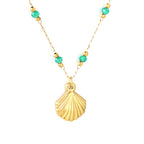 Gold Seashell Pendant Necklace with Green Beads