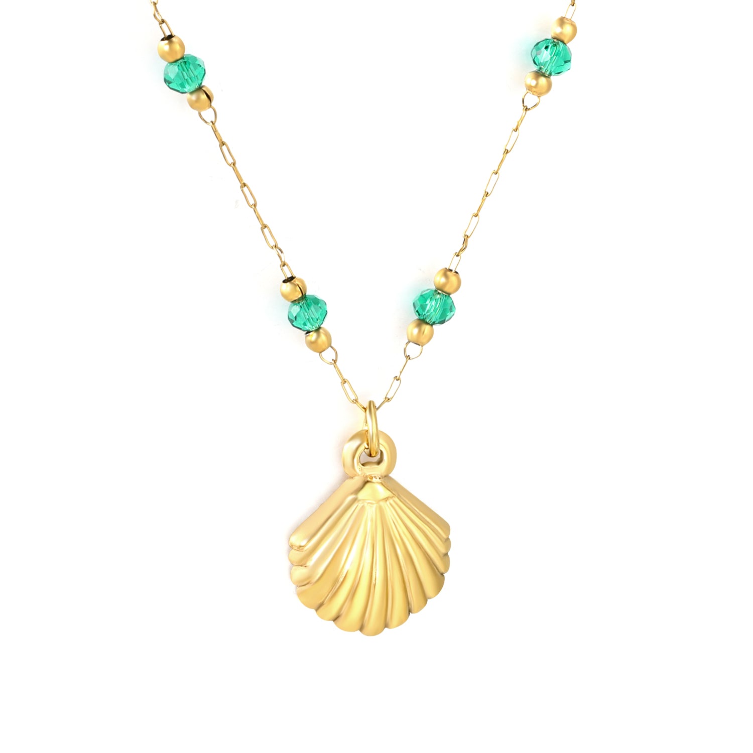 Gold Seashell Pendant Necklace with Green Beads