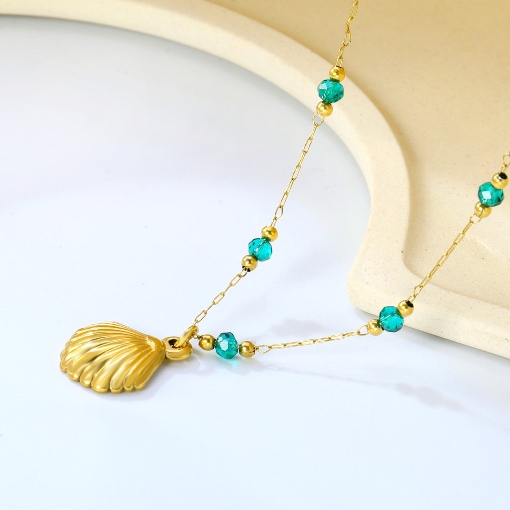 Gold Seashell Pendant Necklace with Green Beads