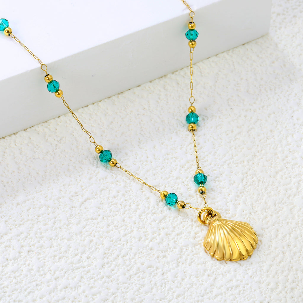Gold Seashell Pendant Necklace with Green Beads
