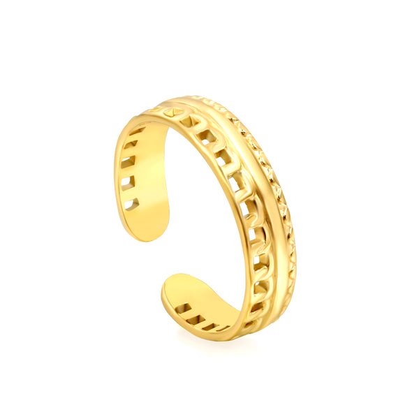 18k gold plated open toe ring with intricate design on a white background