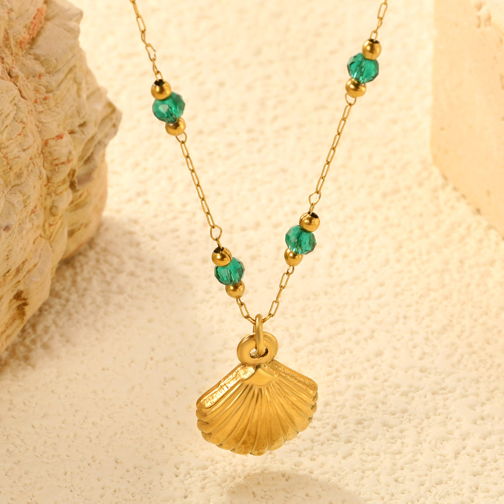 Gold Seashell Pendant Necklace with Green Beads