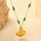 Gold Seashell Pendant Necklace with Green Beads