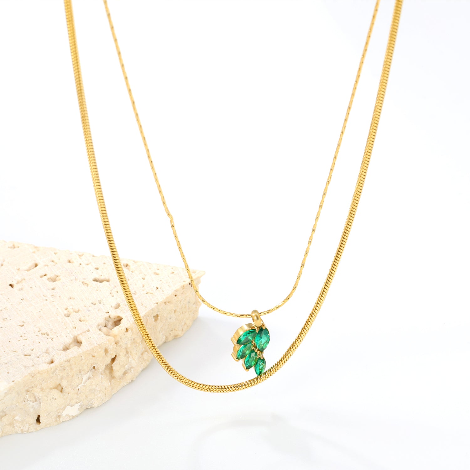 Layered Green Gemstone Leaf Cluster Necklace