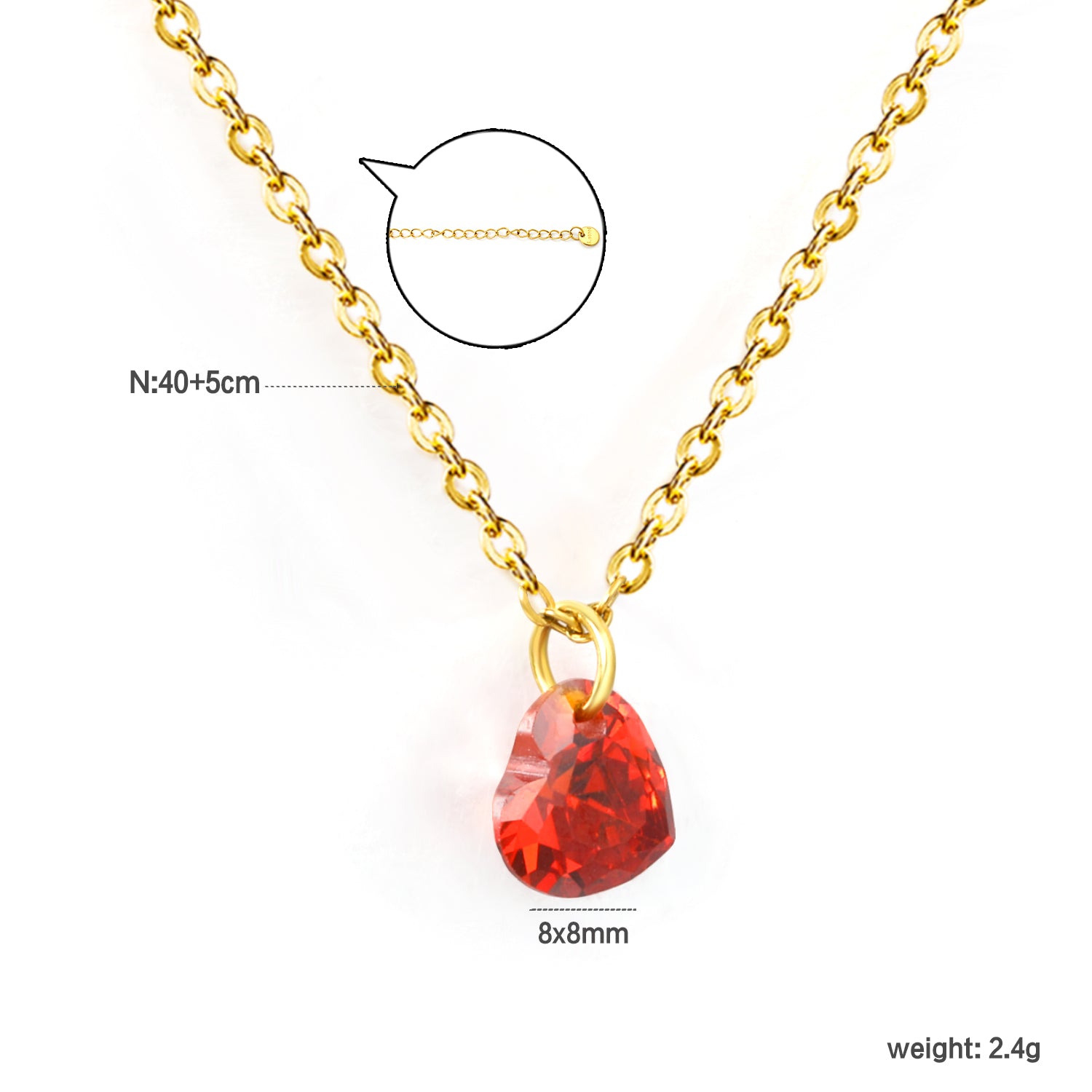 Red Heart Crystal Pendant Necklace - 18k Gold Plated Stainless Steel