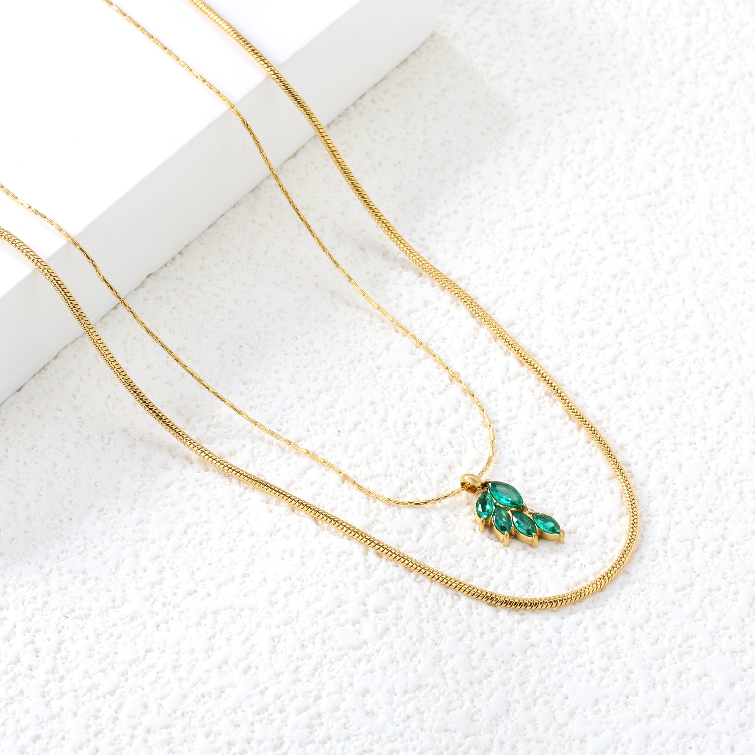 Layered Green Gemstone Leaf Cluster Necklace