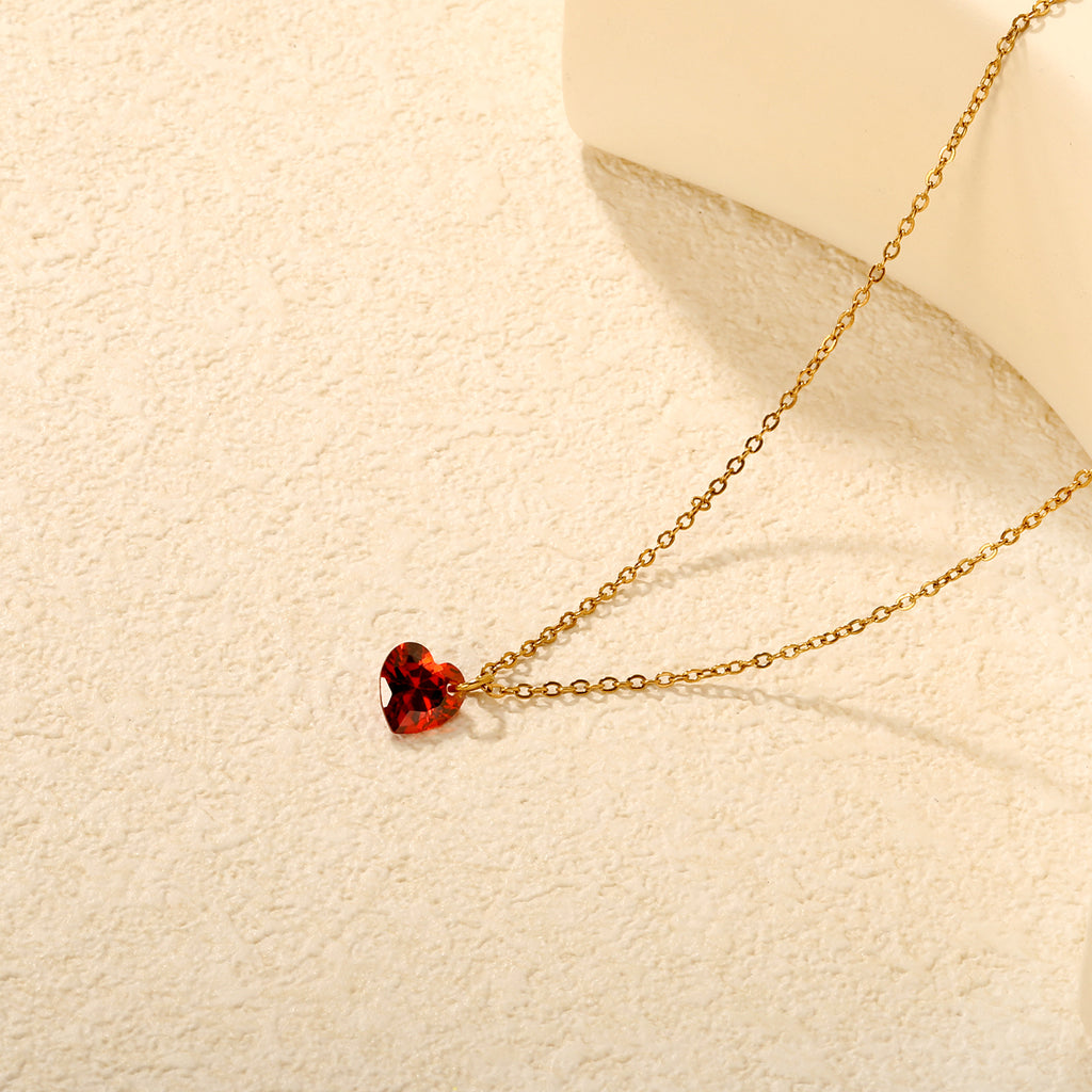 Red Heart Crystal Pendant Necklace - 18k Gold Plated Stainless Steel