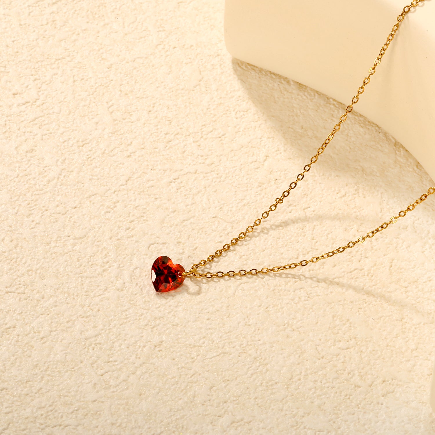 Red Heart Crystal Pendant Necklace - 18k Gold Plated Stainless Steel