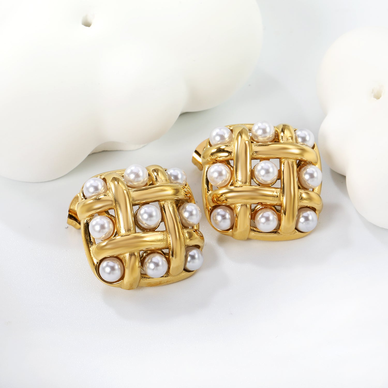 Woven Gold & Pearl Lattice Stud Earrings