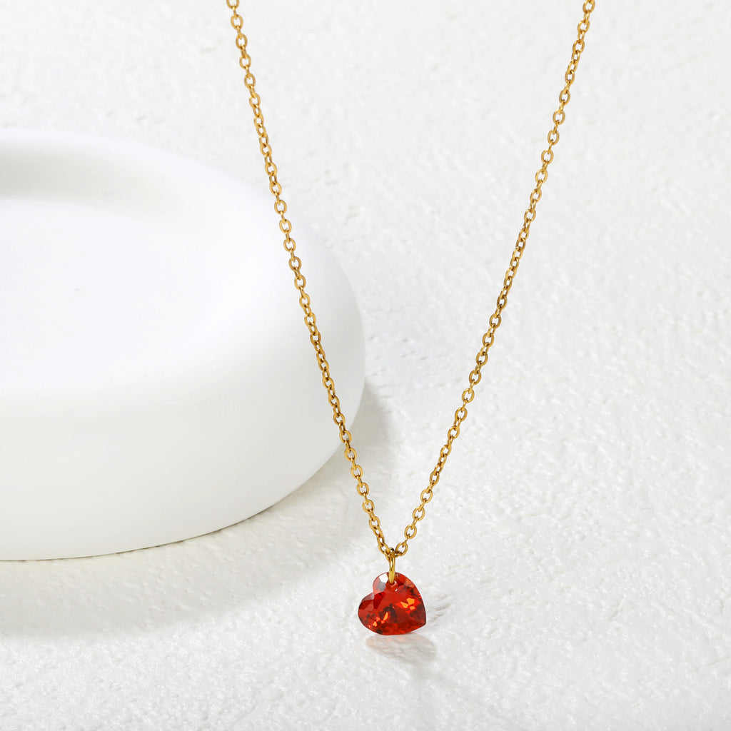 Red Heart Crystal Pendant Necklace - 18k Gold Plated Stainless Steel