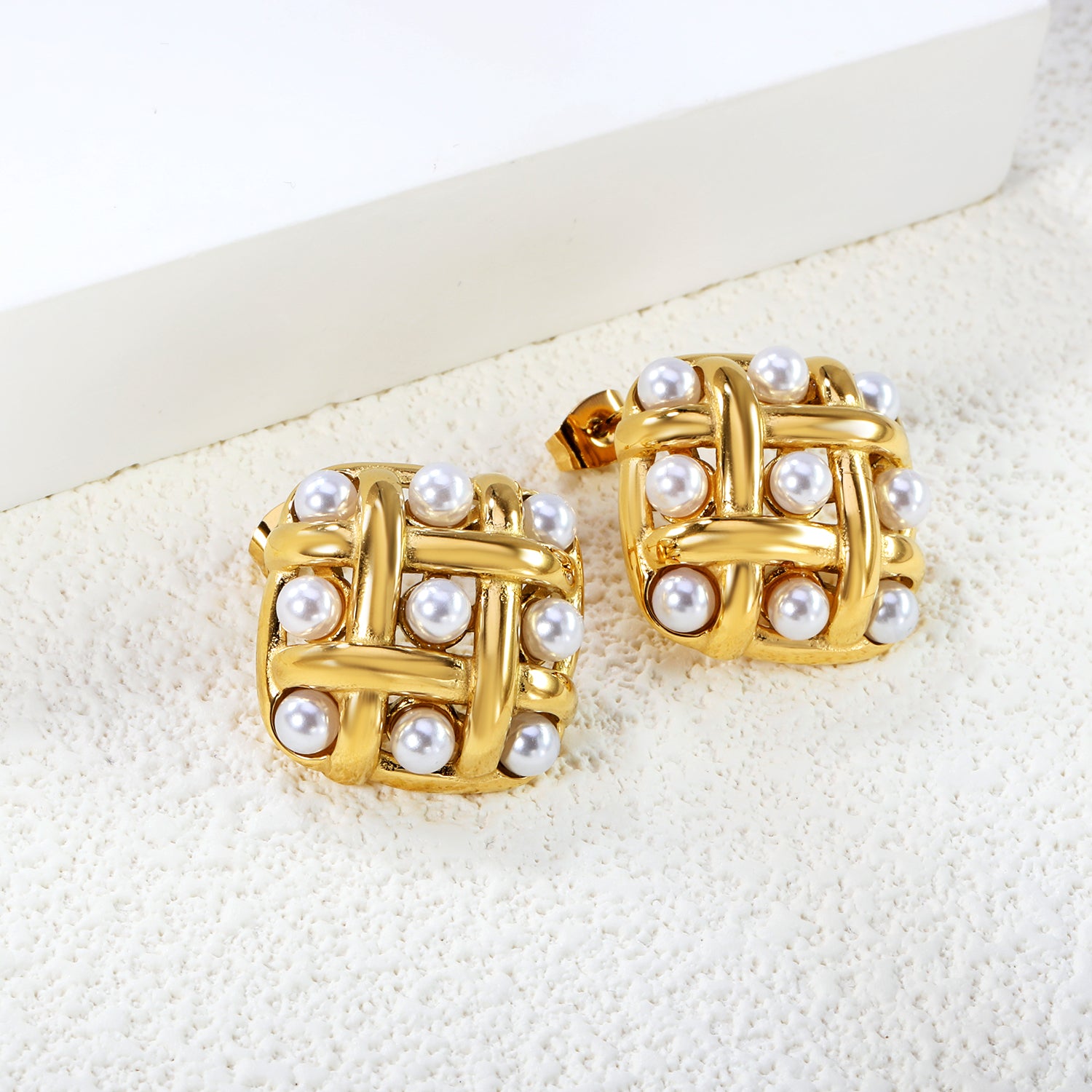 Woven Gold & Pearl Lattice Stud Earrings