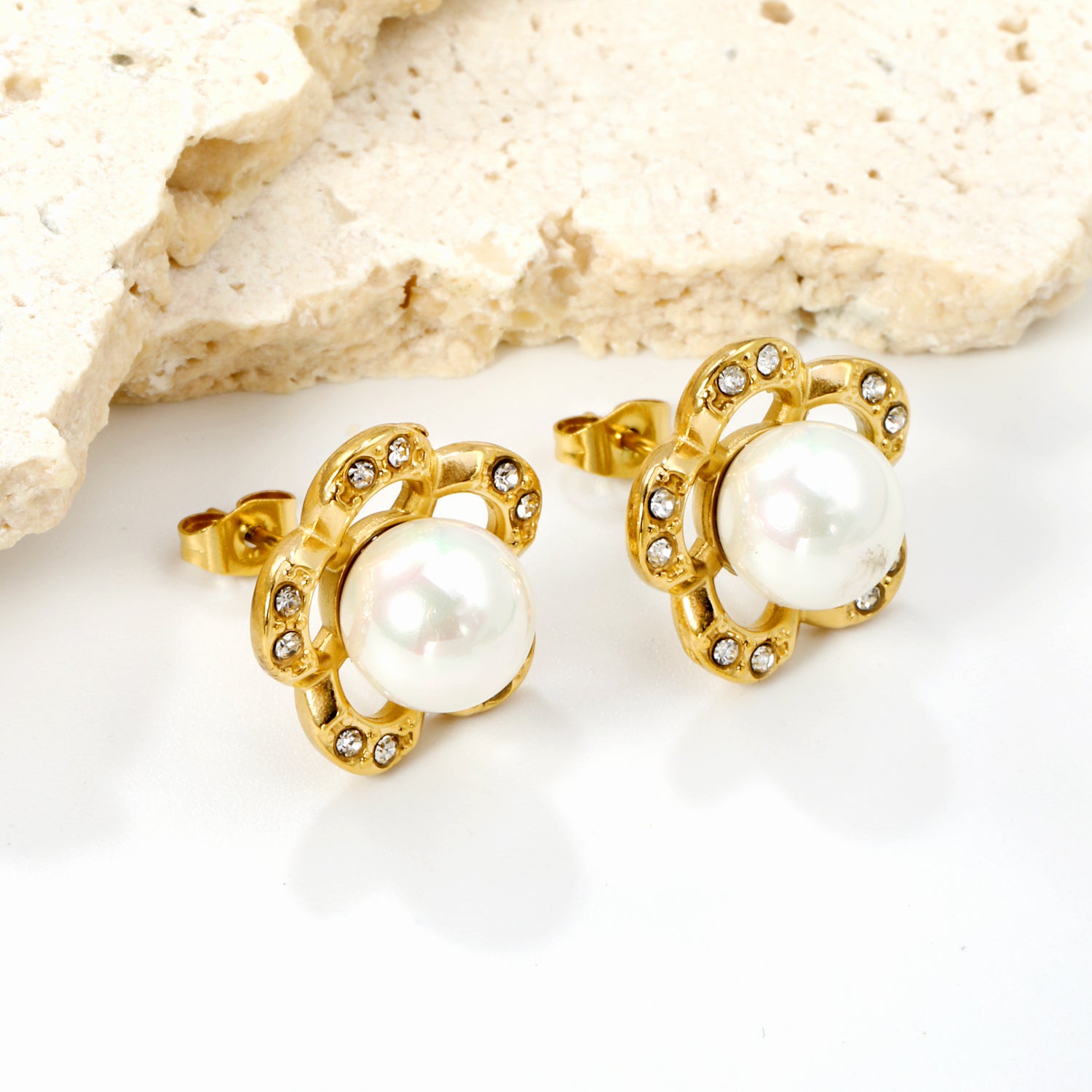 Crystal Pearl Flower Stud Earrings