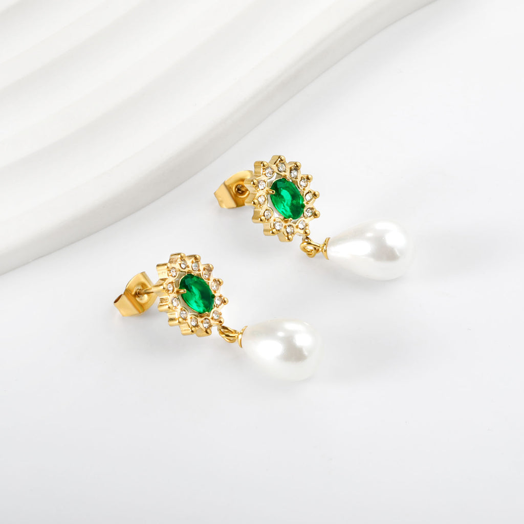 Emerald Green & Pearl Drop Earrings