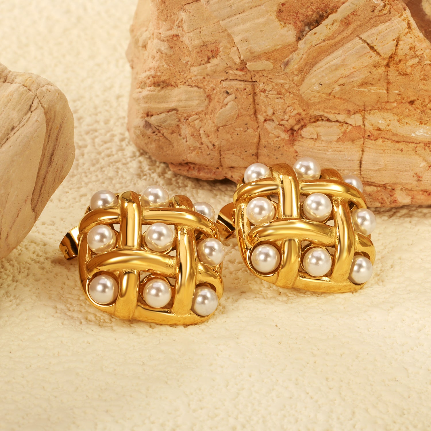Woven Gold & Pearl Lattice Stud Earrings
