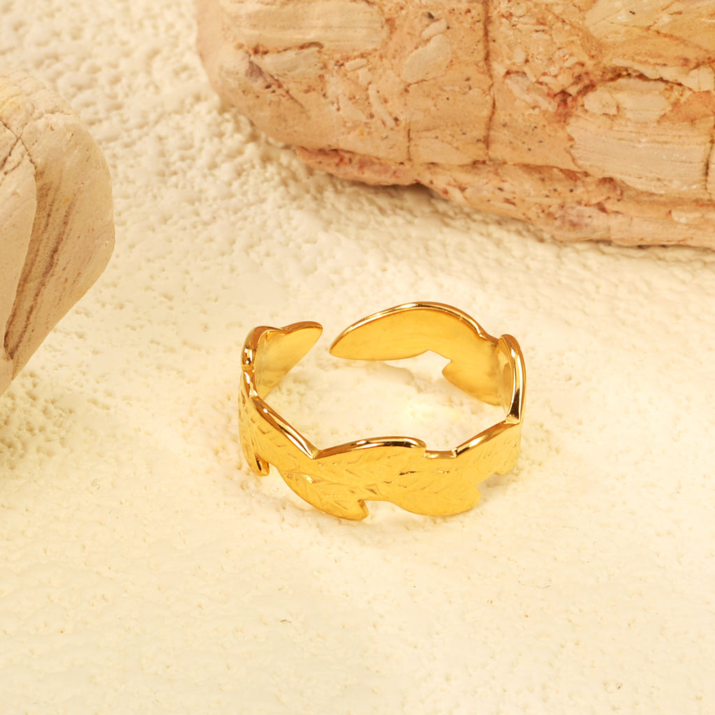 Elazo 18k Gold Plated Leaf Design Adjustable Ring for Women | Anti-Tarnish & Waterproof Stainless Steel Jewelry