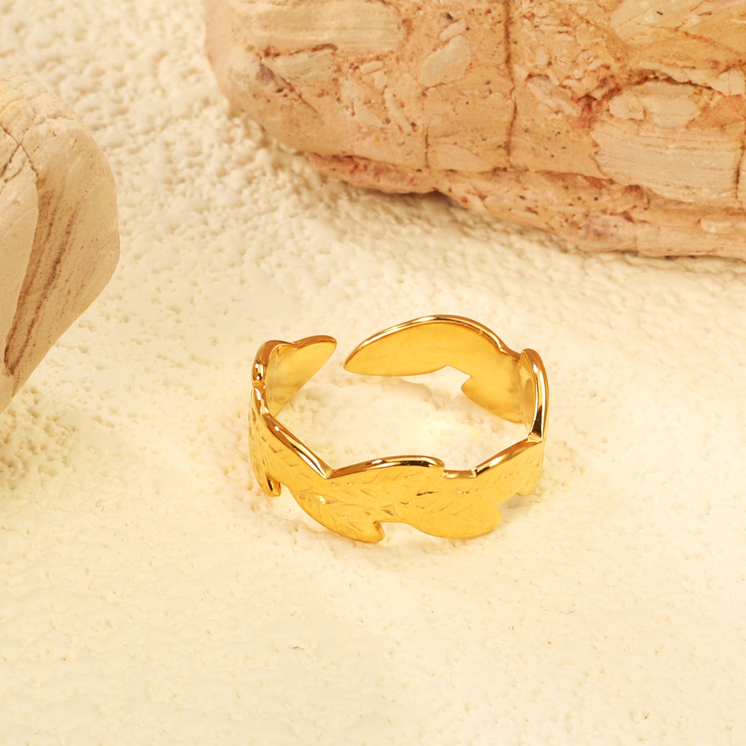 Elazo 18k Gold Plated Leaf Design Adjustable Ring for Women | Anti-Tarnish & Waterproof Stainless Steel Jewelry
