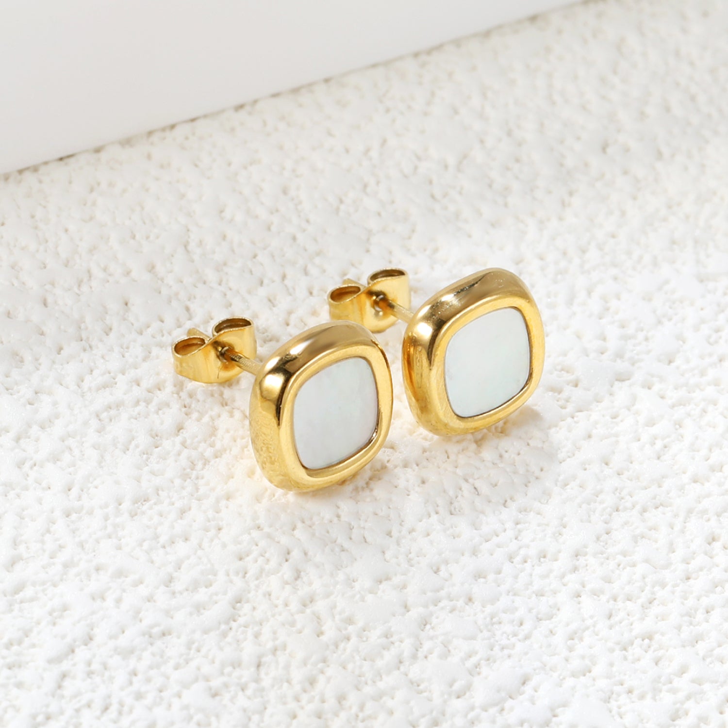 Minimalist White & Gold Square Stud Earrings