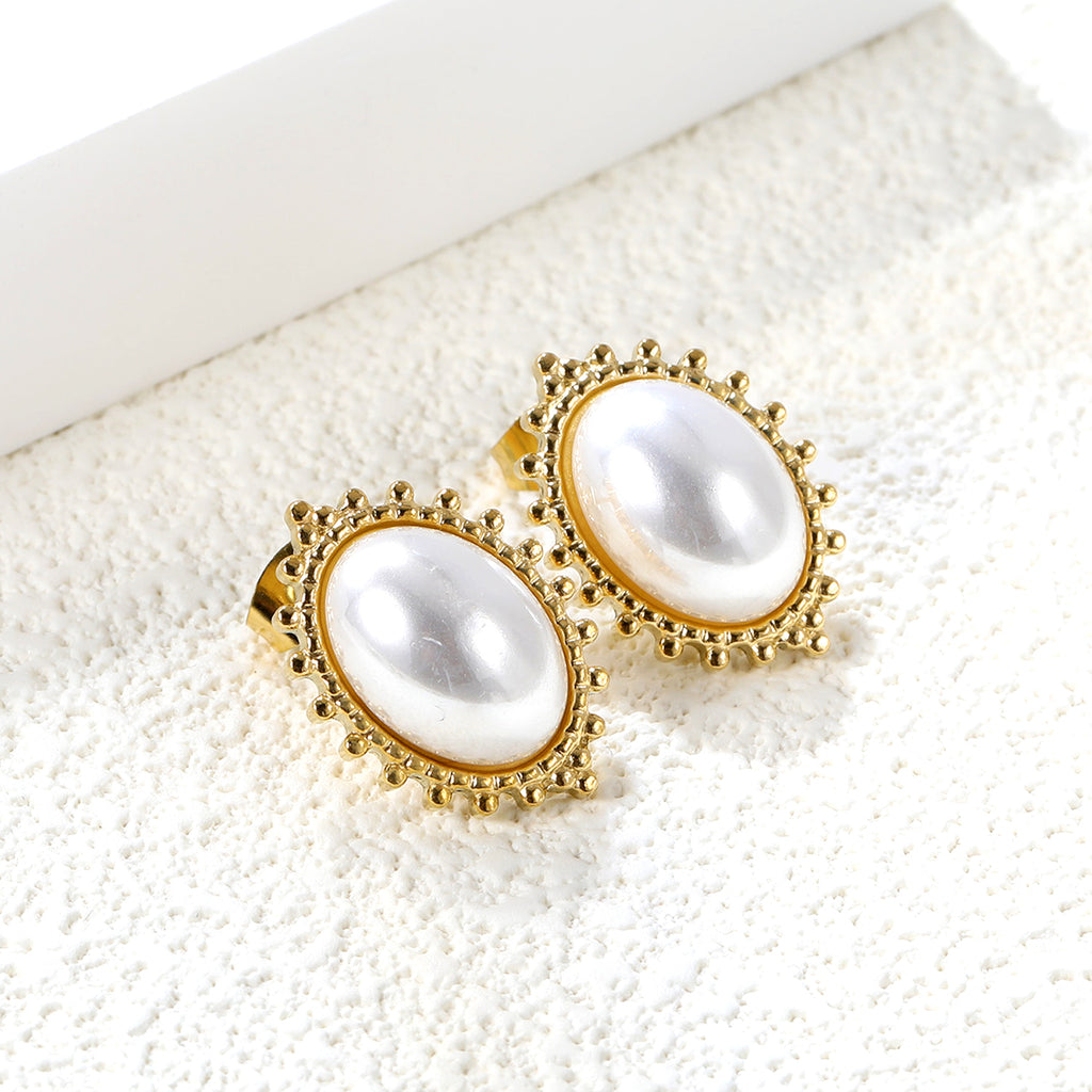 Ornate Bezel Pearl Stud Earrings