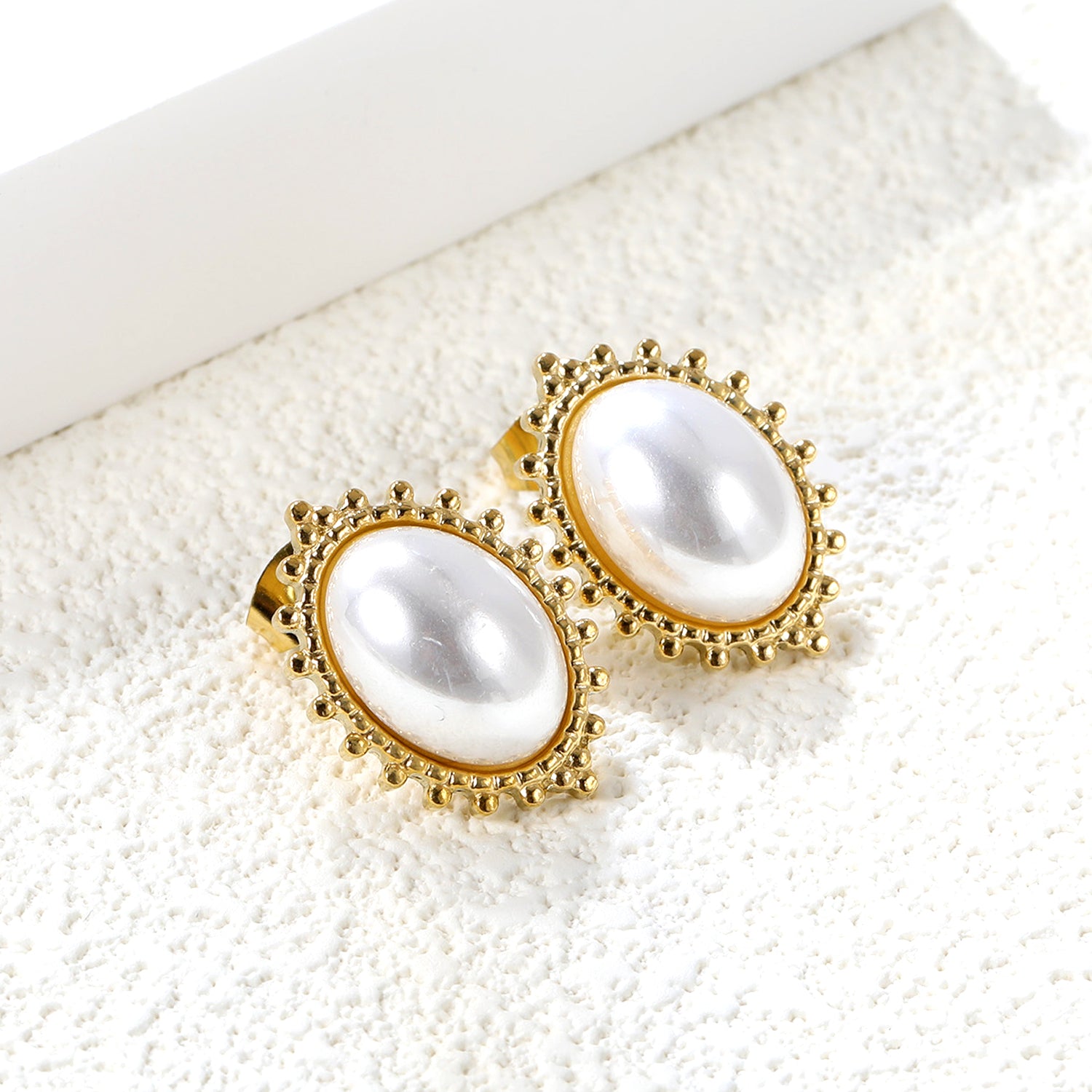Ornate Bezel Pearl Stud Earrings