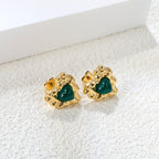 Molten Gold & Green Heart Stud Earrings