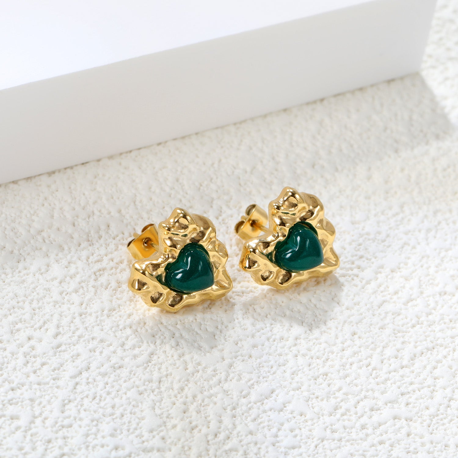Molten Gold & Green Heart Stud Earrings