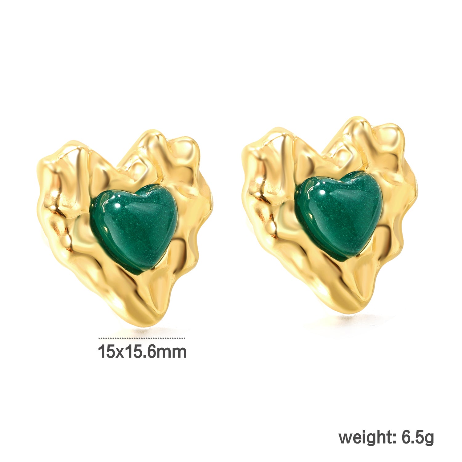 Molten Gold & Green Heart Stud Earrings