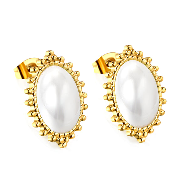 Ornate Bezel Pearl Stud Earrings
