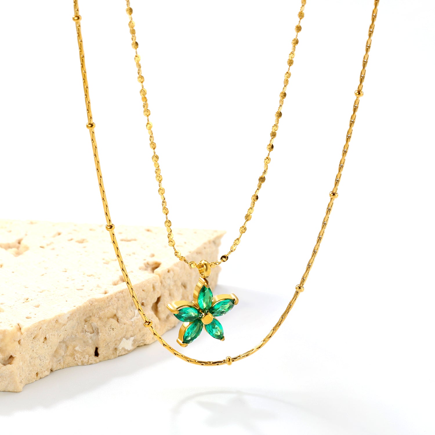Layered Green Crystal Flower Necklace