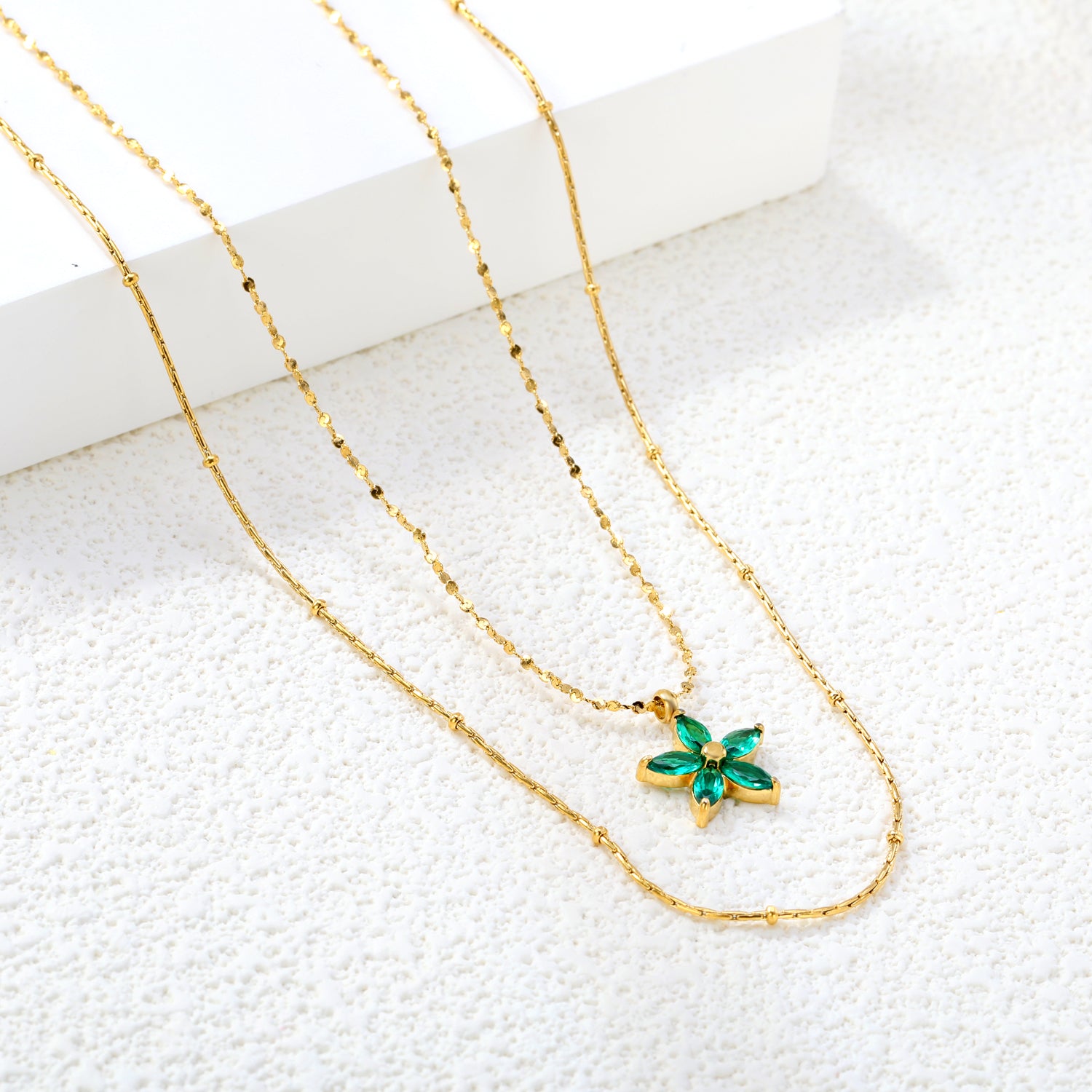 Layered Green Crystal Flower Necklace