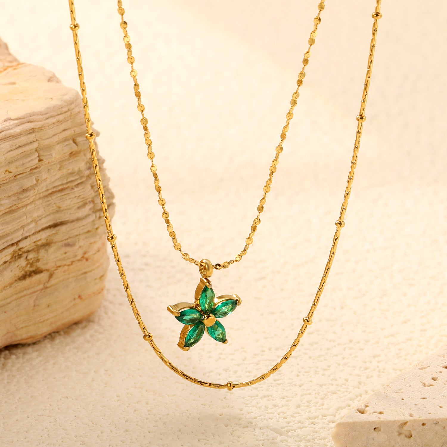 Layered Green Crystal Flower Necklace