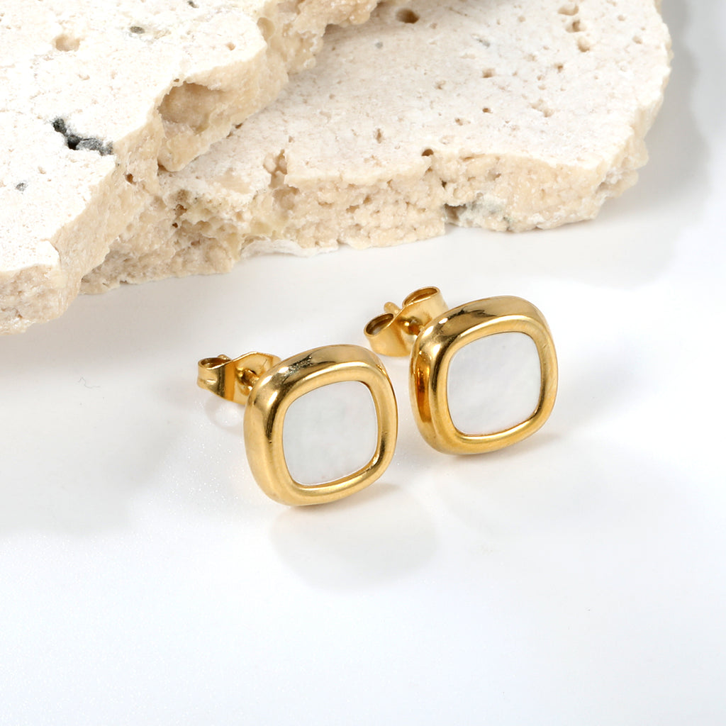 Minimalist White & Gold Square Stud Earrings