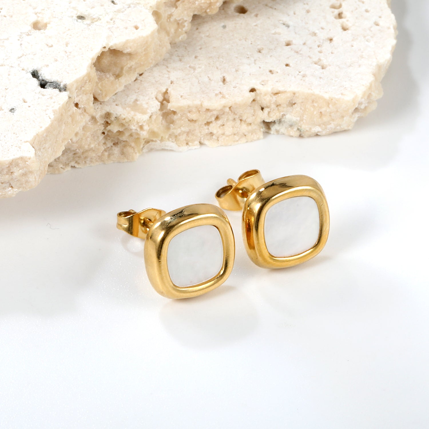 Minimalist White & Gold Square Stud Earrings