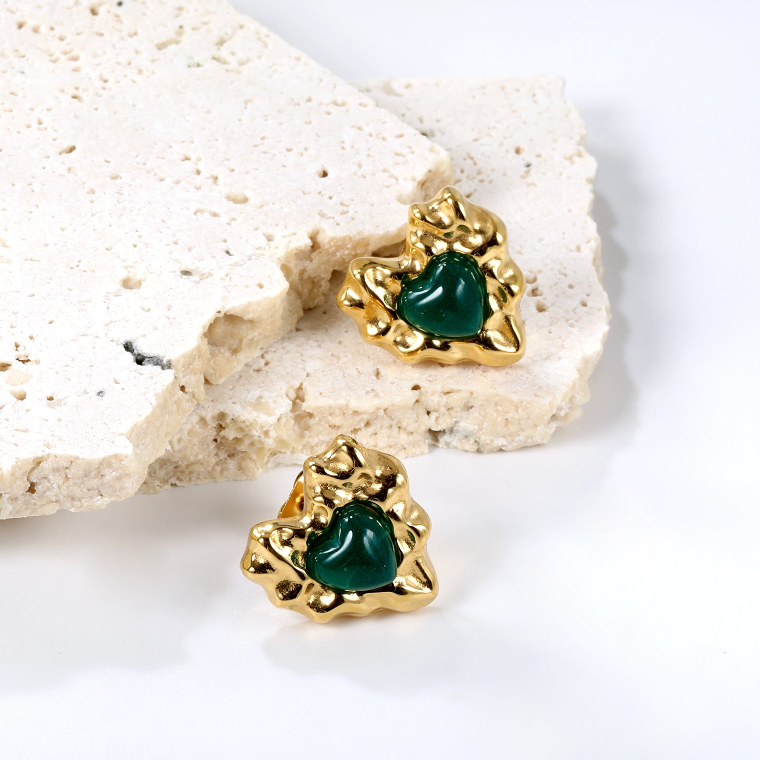 Molten Gold & Green Heart Stud Earrings