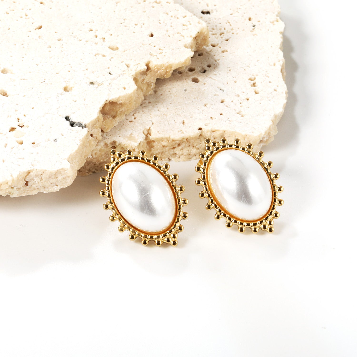 Ornate Bezel Pearl Stud Earrings