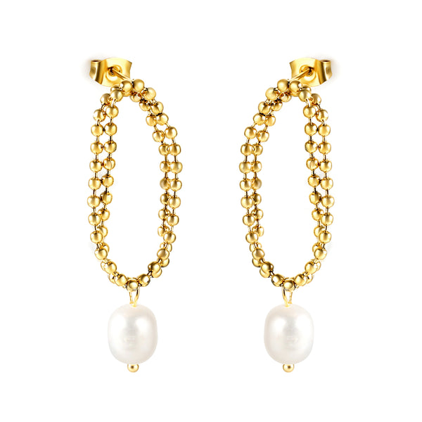18K Gold Plated Ball Chain Hoop & Pearl Drop Earrings | Waterproof | ELAZO