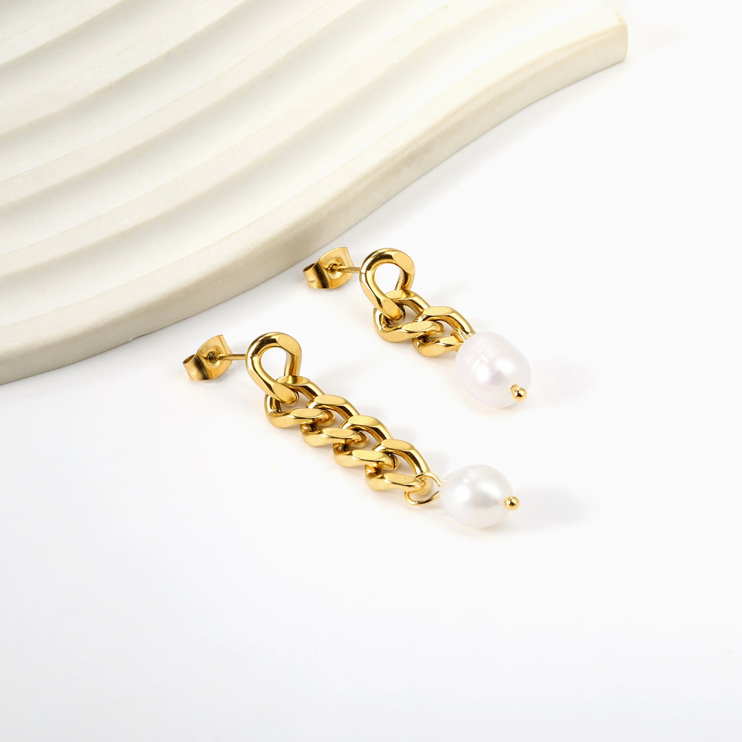 Gold Chain & Pearl Drop Earrings