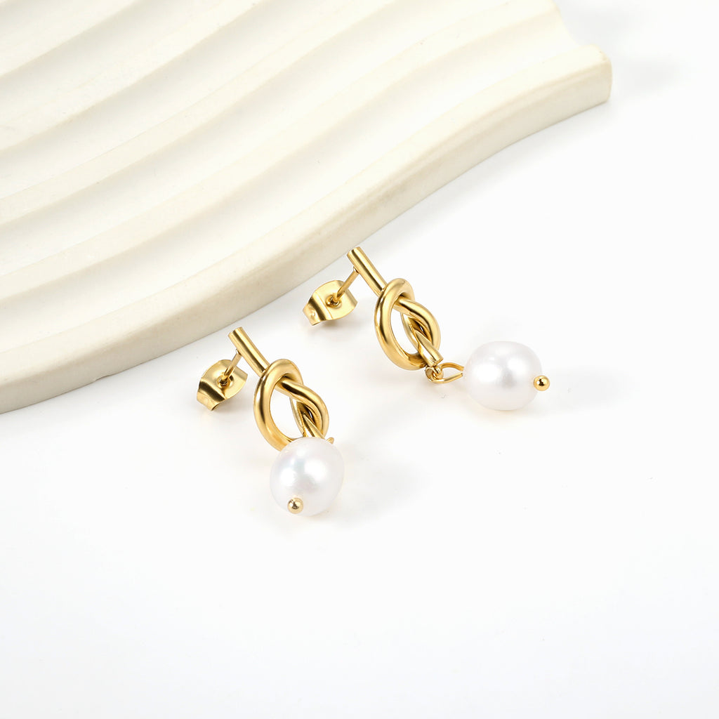Elegant Gold Knot Necklace & Pearl Earrings Combo Set