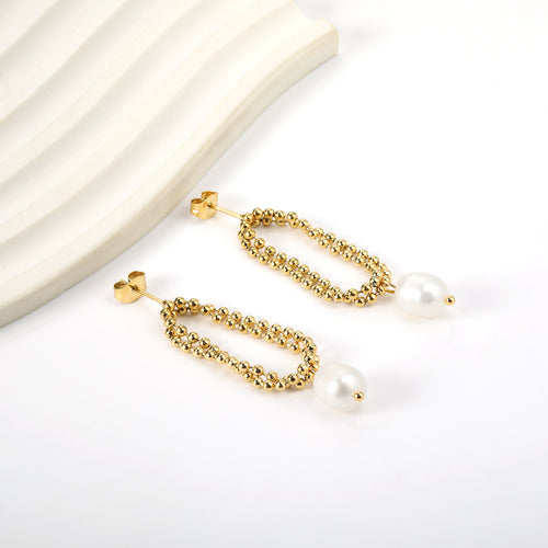 18K Gold Plated Ball Chain Hoop & Pearl Drop Earrings | Waterproof | ELAZO