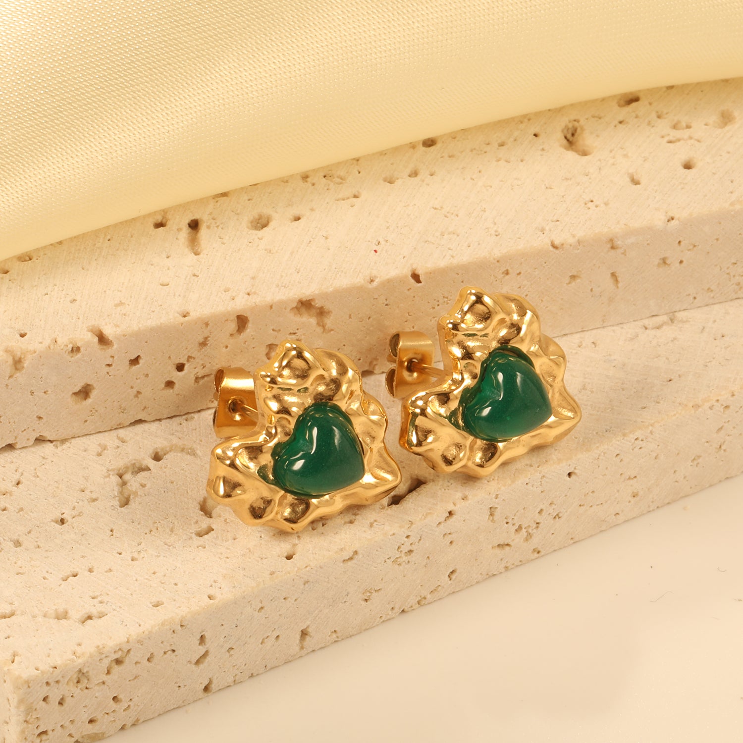 Molten Gold & Green Heart Stud Earrings