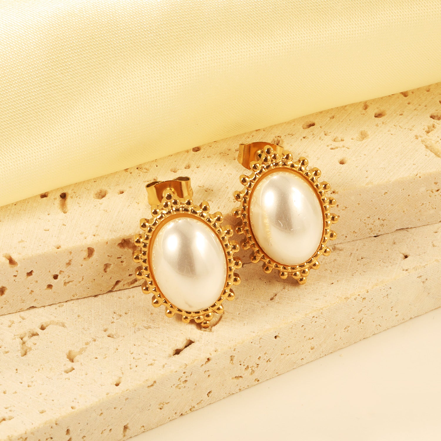 Ornate Bezel Pearl Stud Earrings