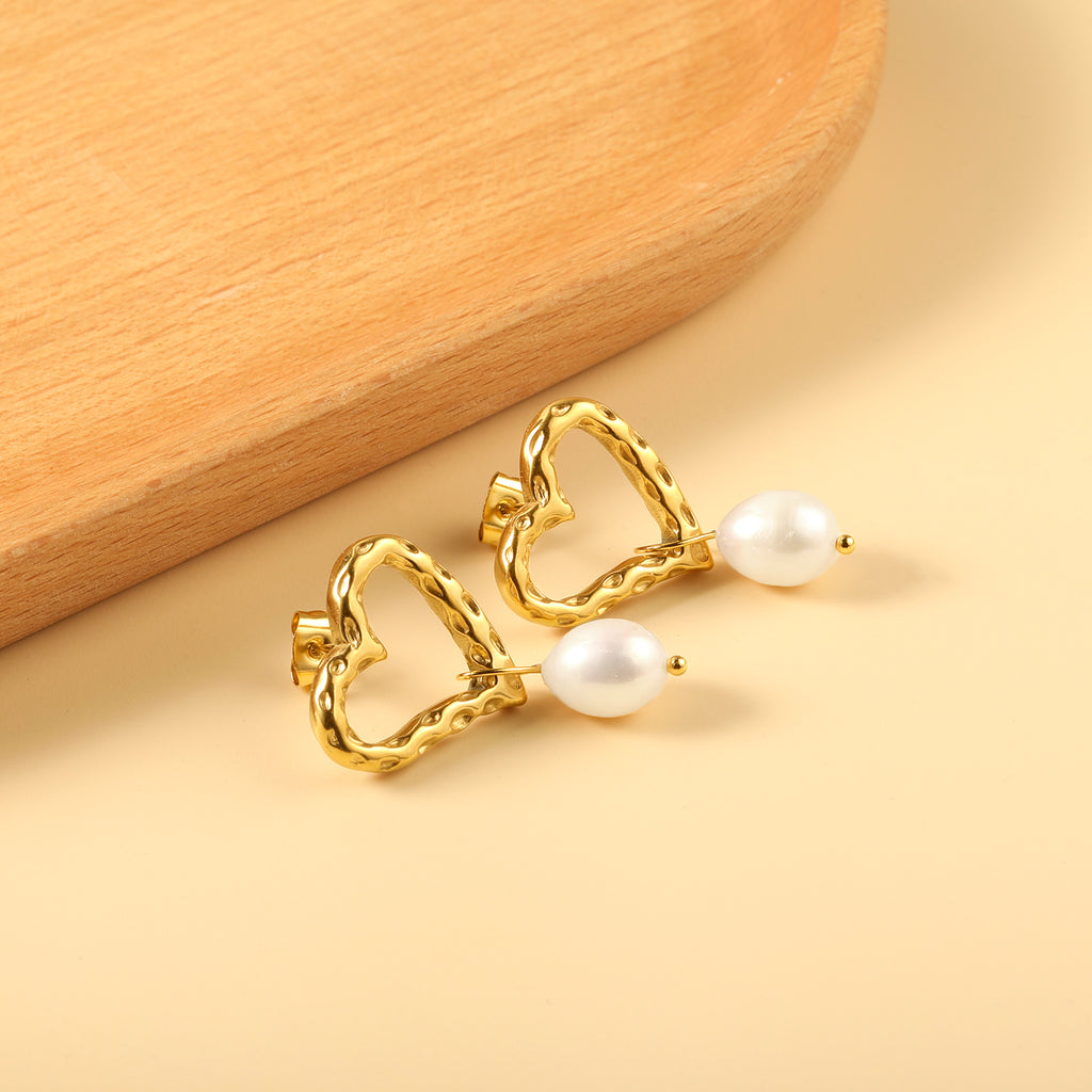 Hammered Heart & Pearl Drop Earrings