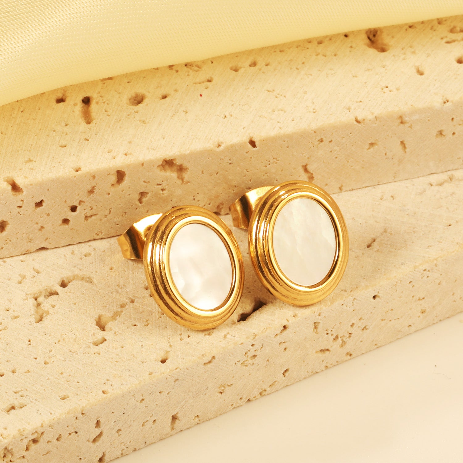 Oval Mother of Pearl Gold Stud Earrings