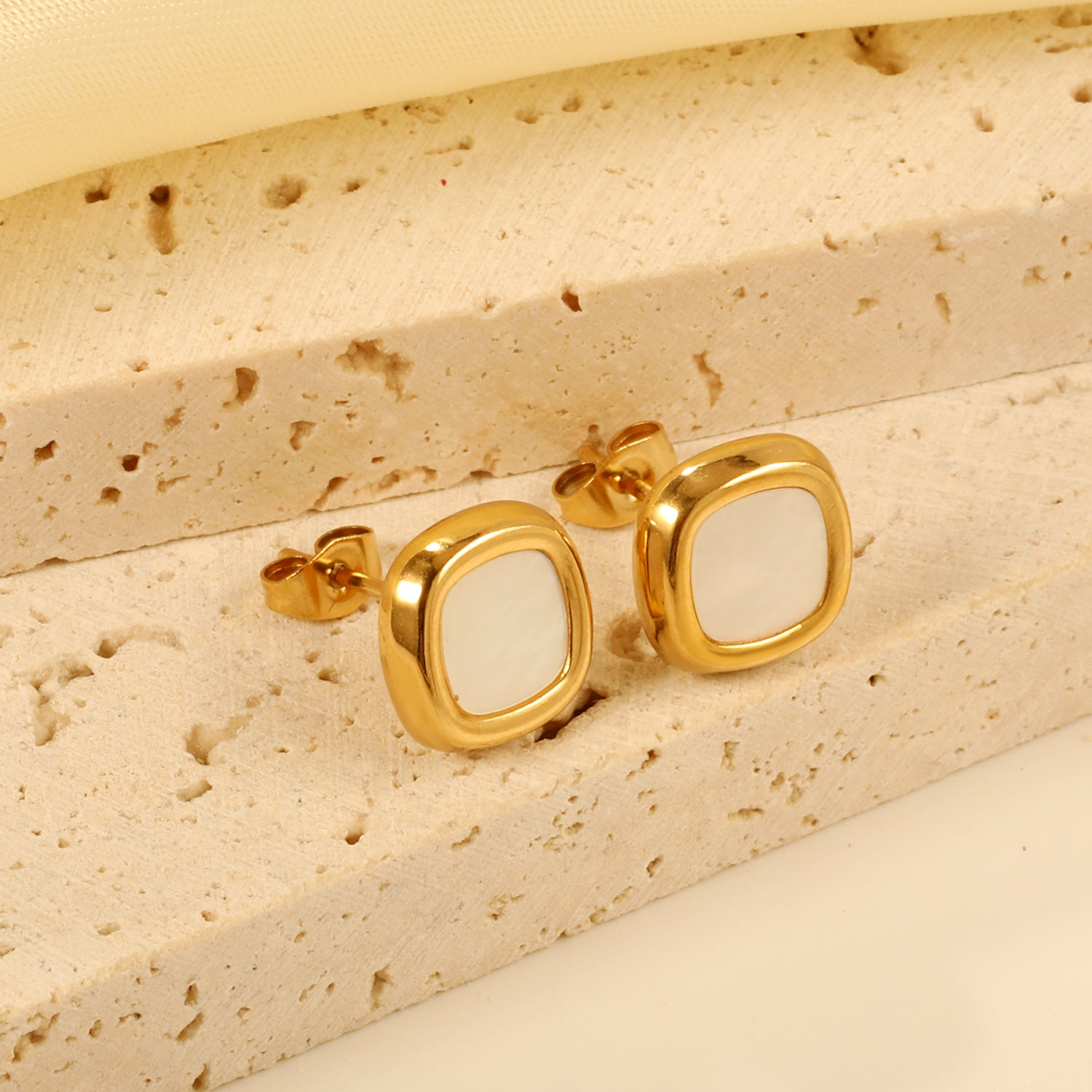 Minimalist White & Gold Square Stud Earrings