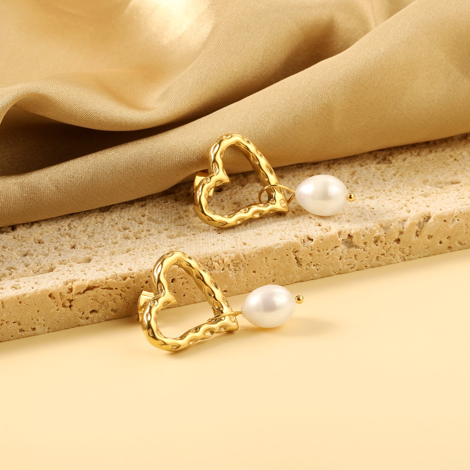 Hammered Heart & Pearl Drop Earrings