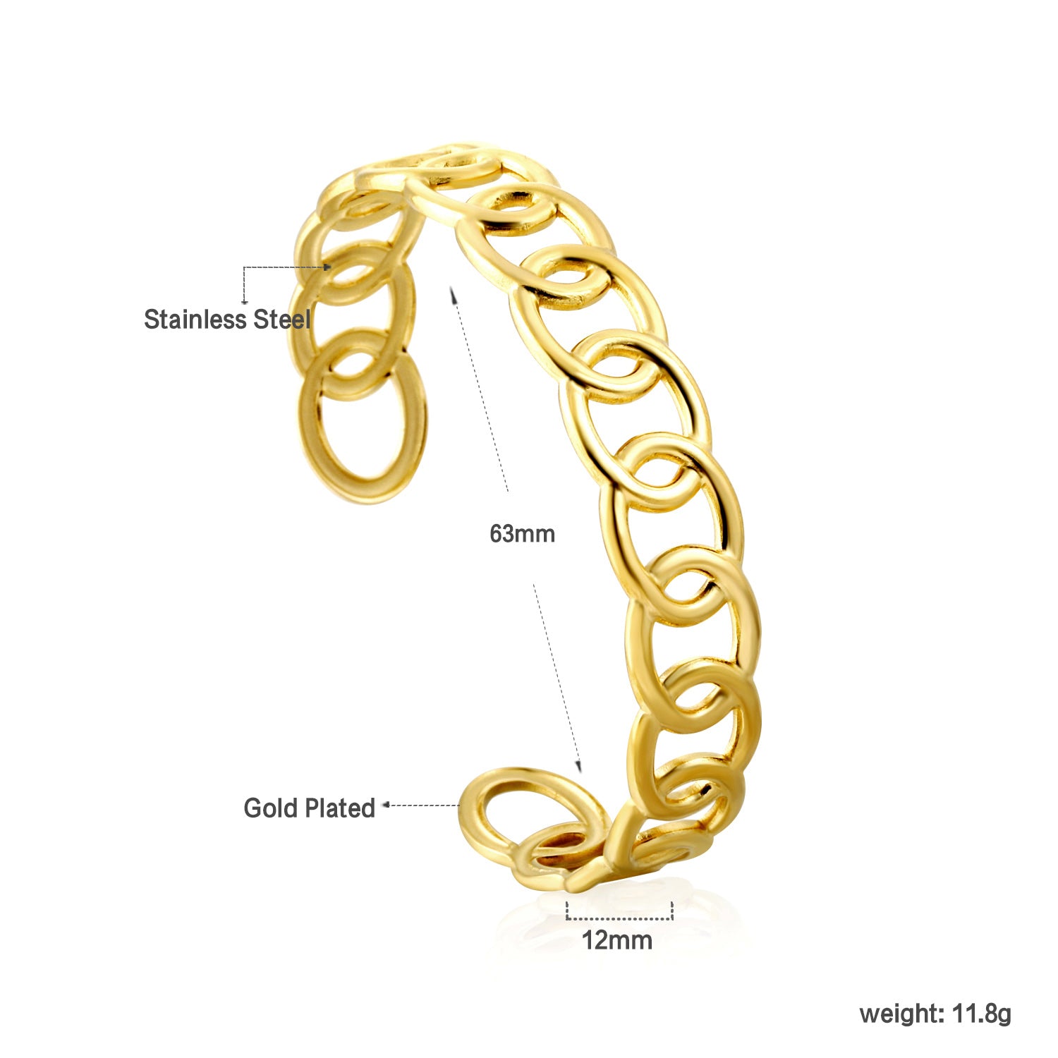 Interlinked Circle Cuff Bangle - 18k Gold Plated Stainless Steel