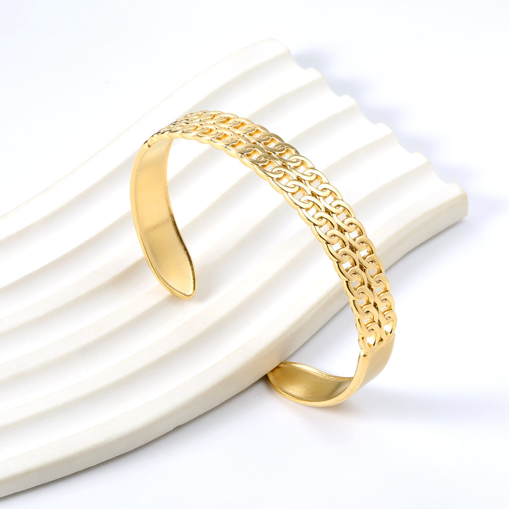 Double Chain Link Cuff Bangle - 18k Gold Plated Stainless Steel